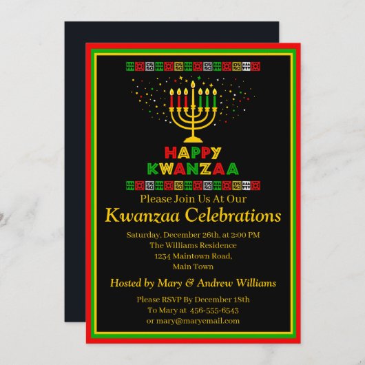 Naam toevoegen Datum Details Kwanzaa Kandles Stars Kaart (Voorkant / Achterkant)