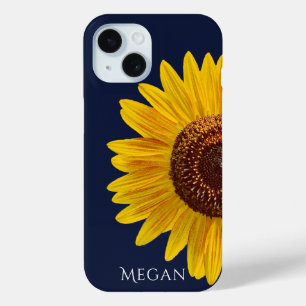 Naam toevoegen Diep marineblauw Close-up Gele zonn iPhone 15 Case
