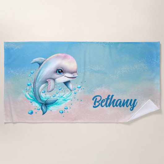 Naam toevoegen: Dolphin zwemmen met Bubbles Pink B Strandlaken (Voorkant)