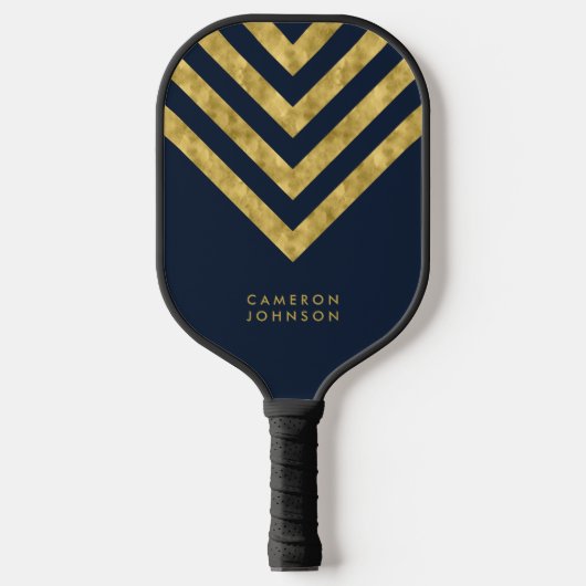 Naam toevoegen Donkerblauw en Faux Gold Chevron Pickleball Paddle (Voorkant)