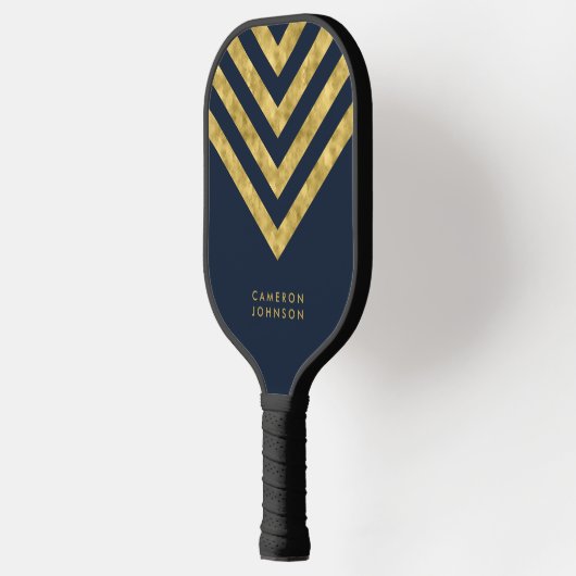 Naam toevoegen Donkerblauw en Faux Gold Chevron Pickleball Paddle (Links)