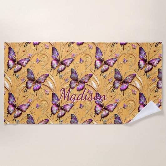 Naam toevoegen: Fantasy Butterfly Mauve Iridescent Strandlaken (Voorkant)