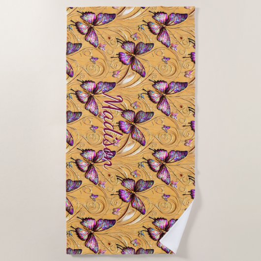 Naam toevoegen: Fantasy Butterfly Mauve Iridescent Strandlaken (Voorkant)