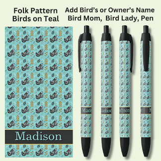 Naam toevoegen, Folk Pattern Black Birds op Blauwg Zwarte Inkt Pen
