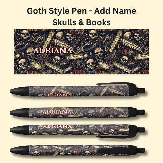 Naam toevoegen, Gothic Gothic Books & Skulls on Bl Zwarte Inkt Pen