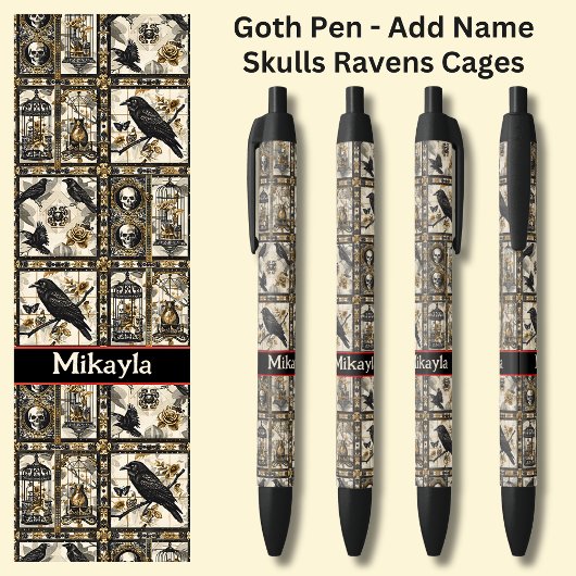 Naam toevoegen, Gothic Gothic Skulls & Ravens op B Zwarte Inkt Pen
