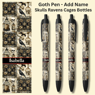 Naam toevoegen, Gothic Skulls Ravens Cages Bottles Zwarte Inkt Pen