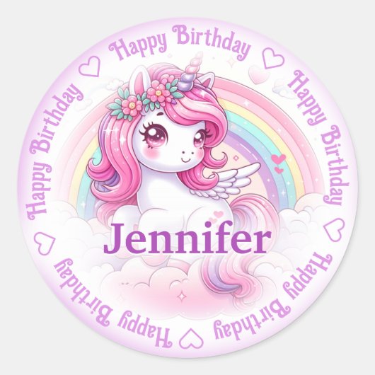 Naam toevoegen Happy Birthday Unicorn Ronde Sticker (Voorkant)