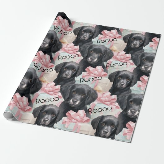 Naam toevoegen Labrador Puppy Pink Bows Christmas Cadeaupapier (Uitgerold)