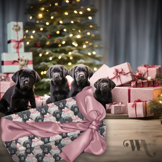 Naam toevoegen Labrador Puppy Pink Bows Christmas Cadeaupapier