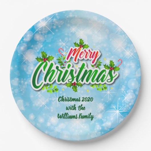 Naam toevoegen Matching Merry KerstBlue 9" Papieren Bordje (Voorkant)