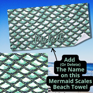 Naam toevoegen: Mermaid Aqua Scales Pearl Silver D Strandlaken