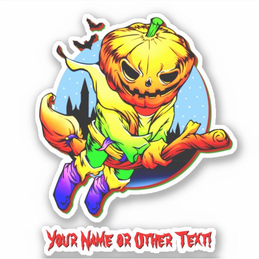 Naam toevoegen: Monster Pumpkin Head Witch Flying  Sticker (Voorkant)