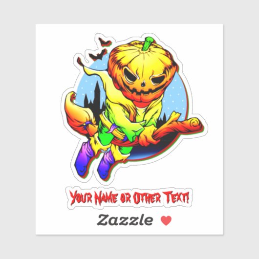 Naam toevoegen: Monster Pumpkin Head Witch Flying  Sticker (Vel)
