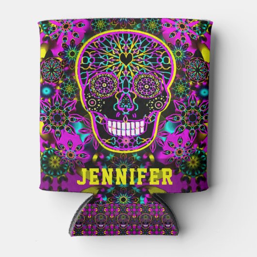 Naam toevoegen Neon Sugar Skull Artwork Blikjeskoeler (Voorkant)