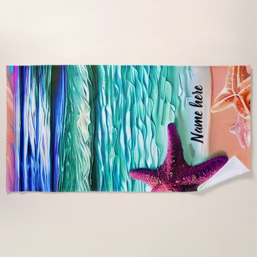 Naam toevoegen, Ocean Waves en Paarse Star Fish op Strandlaken (Voorkant)