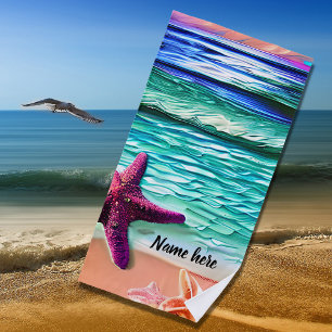 Naam toevoegen, Ocean Waves en Paarse Star Fish op Strandlaken