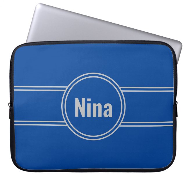 Naam toevoegen op blauw en grijs laptop sleeve (Voorkant)