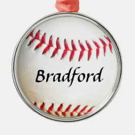 Naam toevoegen op witte honkbal met rode stiksels metalen ornament