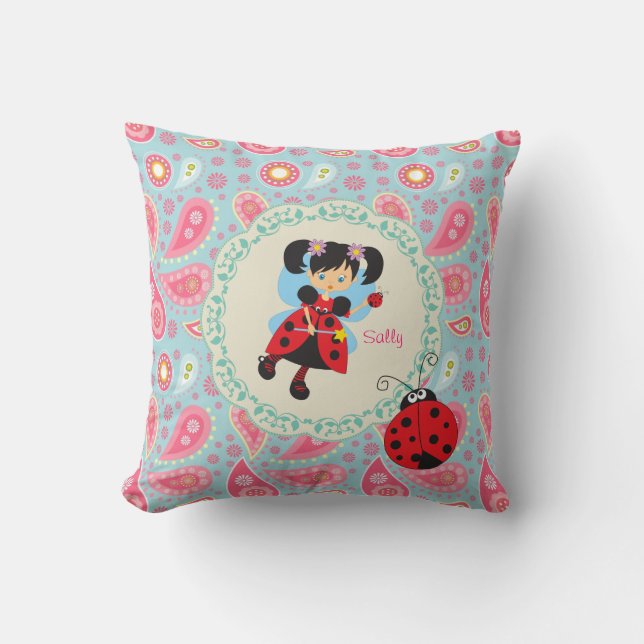 Naam toevoegen Pretty ladybug Fairy roze paisley Kussen (Voorkant)