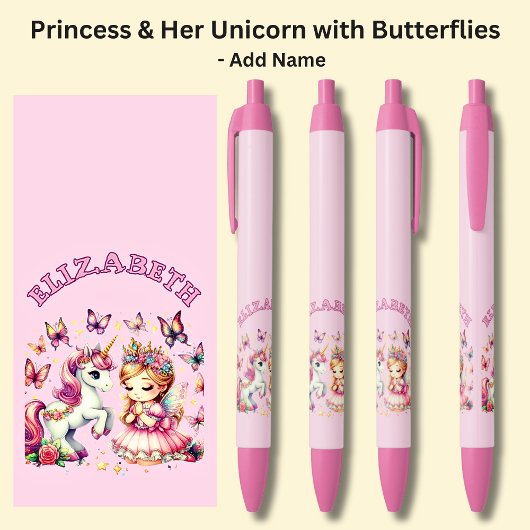 Naam toevoegen Princess & Her Unicorn & Butterflie Zwarte Inkt Pen