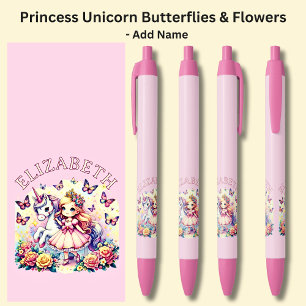 Naam toevoegen Princess with Unicorn Butterflies F Zwarte Inkt Pen