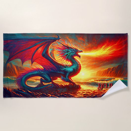 Naam toevoegen, Red Fire Breathing Dragon op het s Strandlaken (Voorkant)