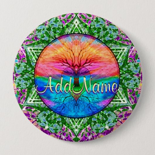 Naam toevoegen | Regenbooghartboom Ronde Button 4,0 Cm (Voorkant)