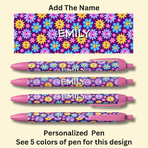 Naam toevoegen, Roze & Blauwe Cartoon Flower Faces Zwarte Inkt Pen