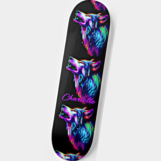 Naam toevoegen: Roze Blauwe Neon Wolf Persoonlijk Skateboard