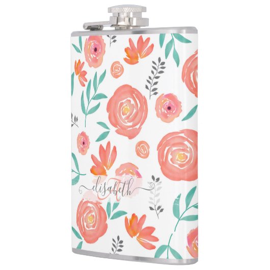 Naam toevoegen + Roze koraal Waterverf Floral Patr Heupfles (Links)