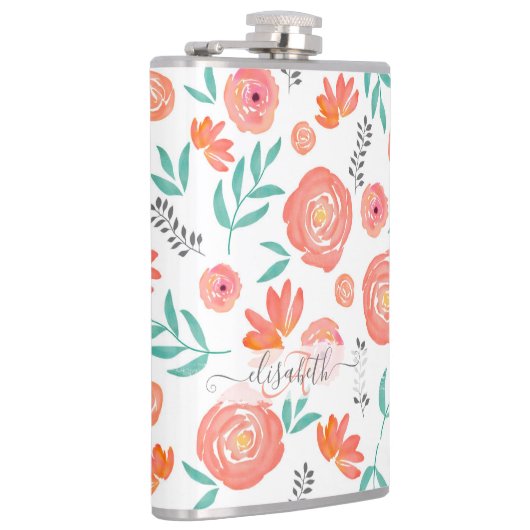 Naam toevoegen + Roze koraal Waterverf Floral Patr Heupfles (Rechts)