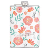 Naam toevoegen + Roze koraal Waterverf Floral Patr Heupfles (Voorkant)