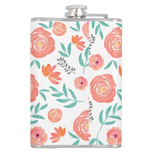 Naam toevoegen + Roze koraal Waterverf Floral Patr Heupfles (Achterkant)