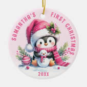 Naam toevoegen Schattige Penguin Girly Pink First Keramisch Ornament (Voorkant)