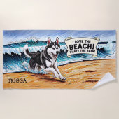 Naam toevoegen, Siberische Husky Splashing in Wave Strandlaken (Voorkant)