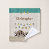 Naam toevoegen stars ladybugs brown turquoise kind washandje (Wasdoekje)