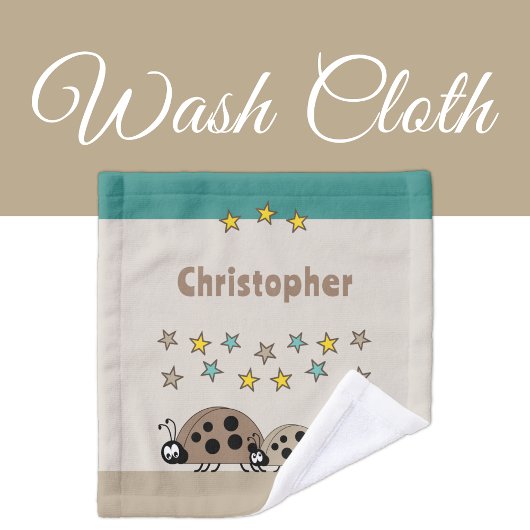 Naam toevoegen stars ladybugs brown turquoise kind washandje