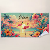 Naam toevoegen Strand Sunset Flamingo's Tropische Strandlaken (Voorkant)