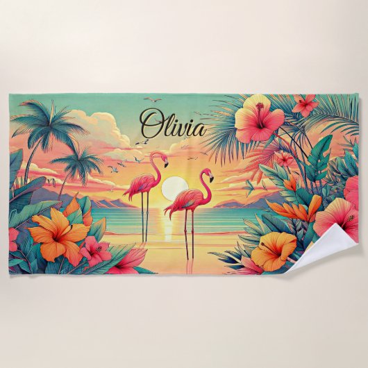 Naam toevoegen Strand Sunset Flamingo's Tropische Strandlaken (Voorkant)