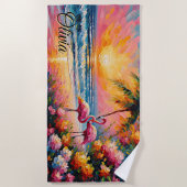 Naam toevoegen Strand Sunset Flamingo's Tropische  Strandlaken (Voorkant)