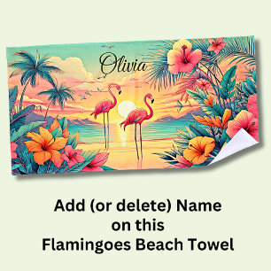 Naam toevoegen Strand Sunset Flamingo's Tropische Strandlaken