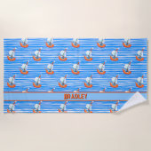 Naam toevoegen Tekst, Blauwe Witte Stripes & Sail  Strandlaken (Voorkant)