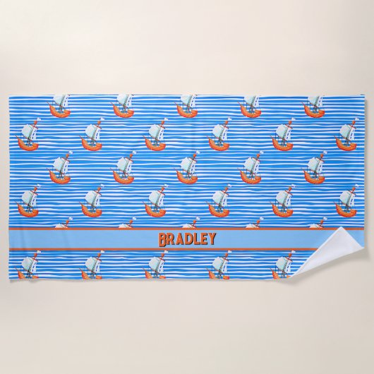 Naam toevoegen Tekst, Blauwe Witte Stripes & Sail  Strandlaken (Voorkant)
