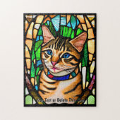 Naam toevoegen Tekst, Glas in lood Tabby Kat Blauw Legpuzzel (Verticaal)