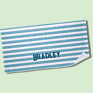 Naam toevoegen Tekst, Grungy Blue White Stripes Strandlaken