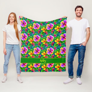 Naam toevoegen Tekst Tropisch Hibiscus Flower Oerw Fleece Deken