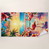 Naam toevoegen Tropische bloemen & flamingo's op Strandlaken (Voorkant)