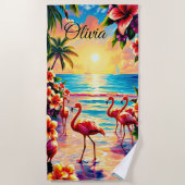 Naam toevoegen Tropische bloemen & flamingo's op Strandlaken (Voorkant)