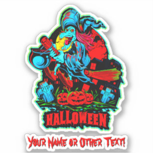Naam toevoegen: Witch Broomstick Cauldron Pumpkins Sticker
